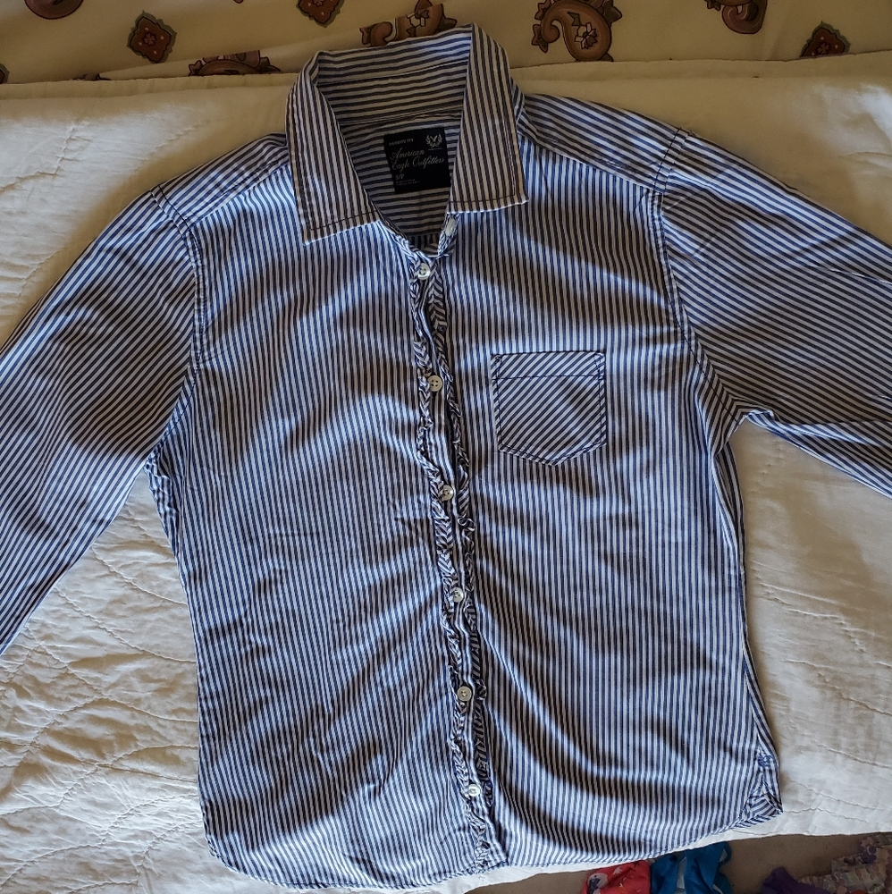 American Eagle Blue and White Striped Button Up